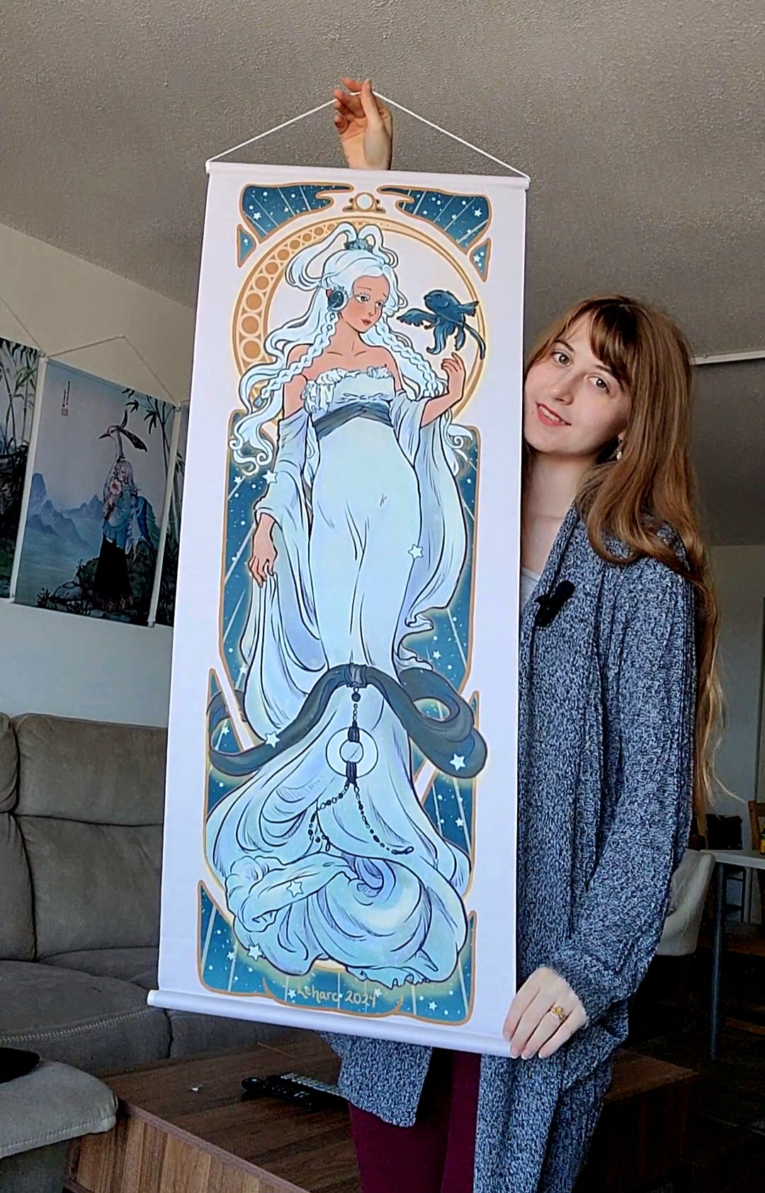 Fabric Wall Scroll • Art Nouveau Characters • Elegant Elements - Moon